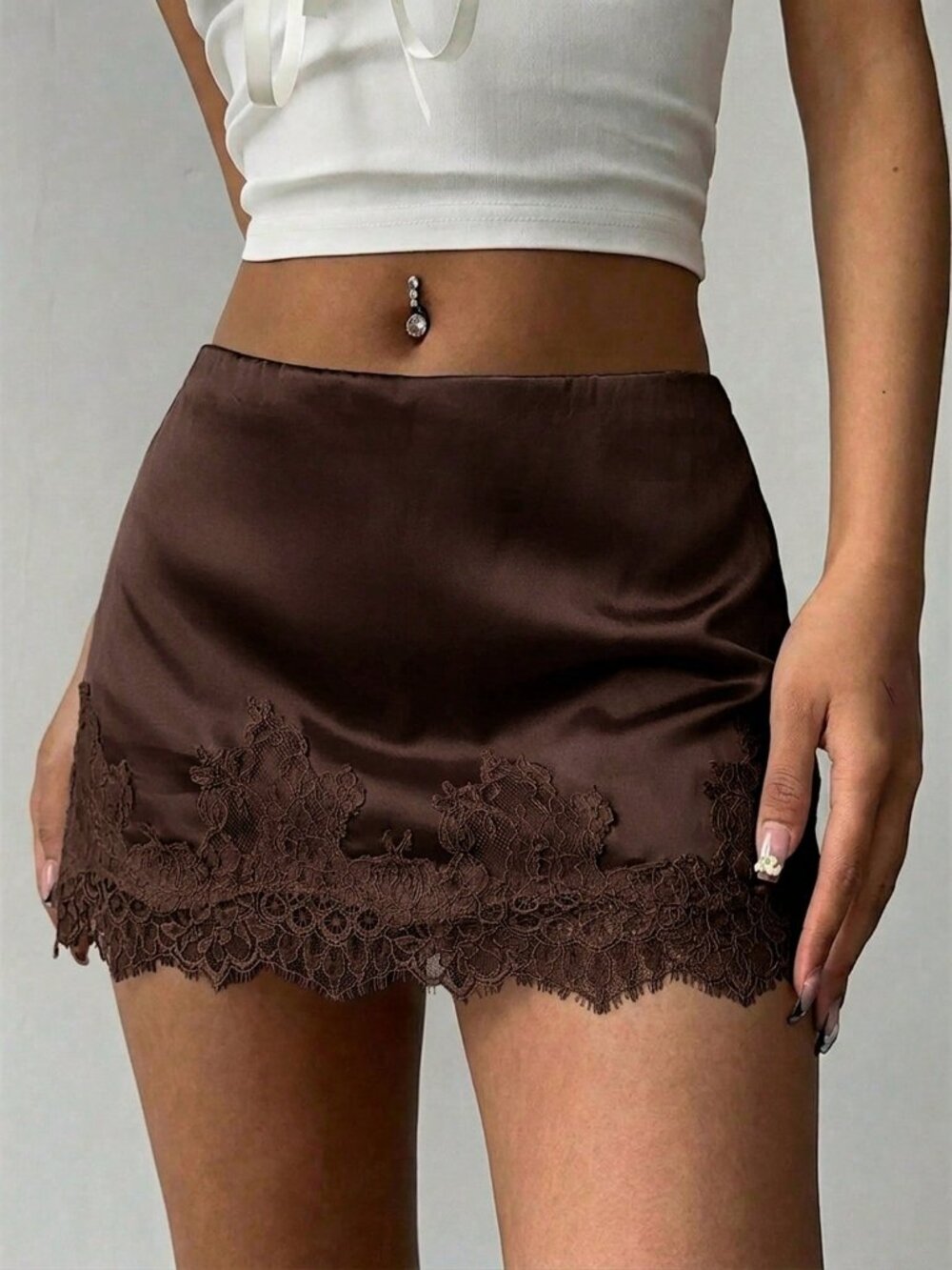 Coffee Brown Sexy Regular Fit Women's Contrast Lace Low Waist Bodycon Mini Skirt